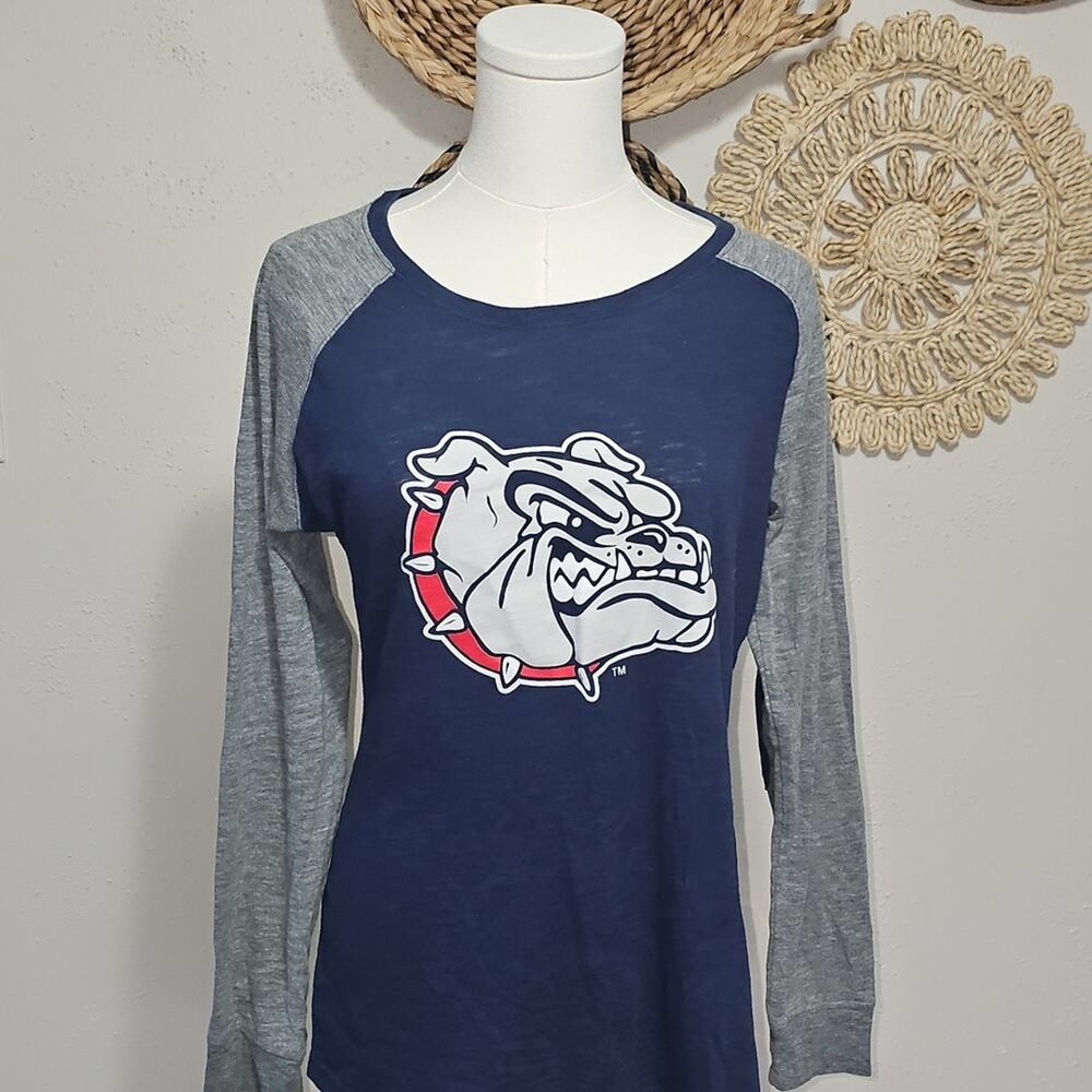 Boxercraft Navy Gray Long Sleeve Shirt Women L Elbow Patches Gonzaga Bulldog EUC